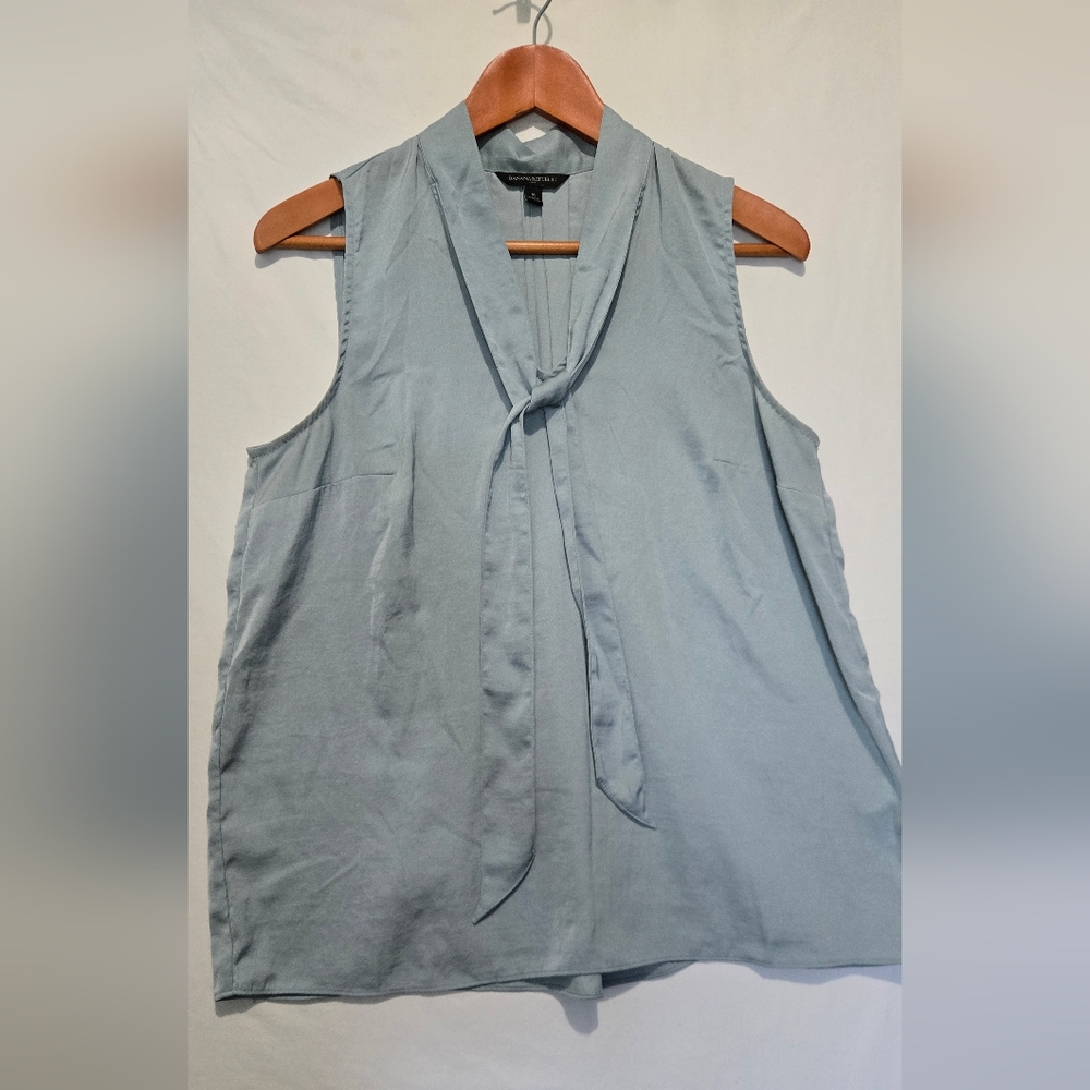 Silky Sleeveless Blue Gray Top With Tie Relaxed Draped Fit